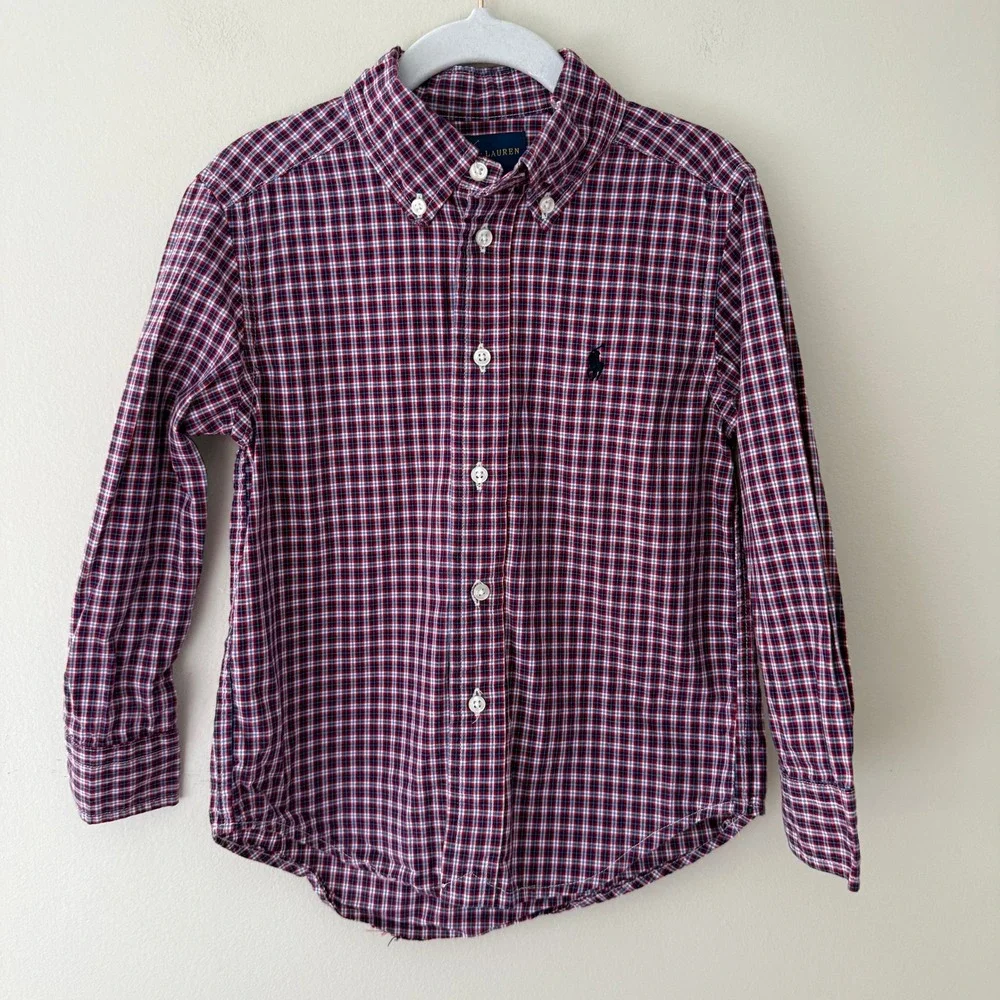 Ralph Lauren Boys Red White Blue Plaid Button Down Cotton Shirt Size 4 RN41381
